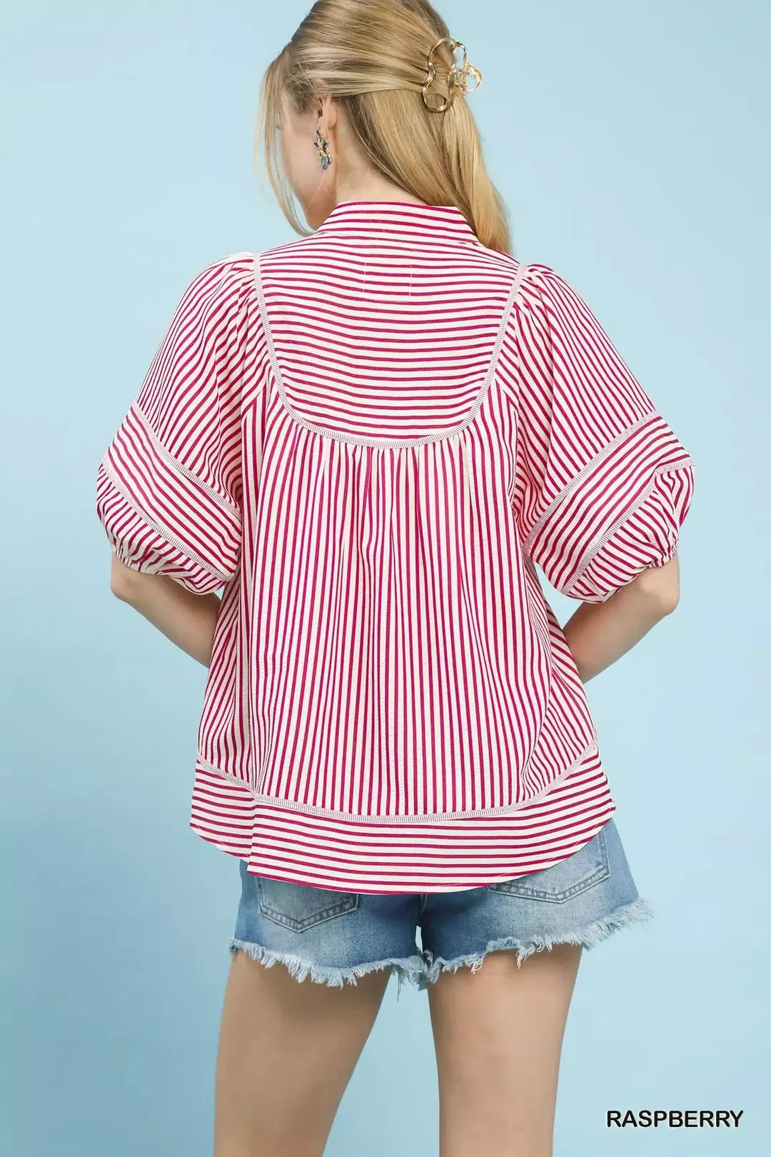 Umgee Striped Puff Sleeve Babydoll Top