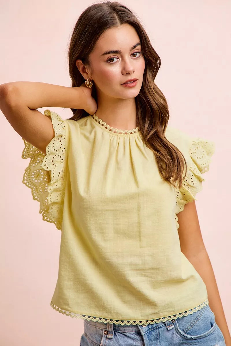 BiBi Cotton Solid Ruffle Sleeve Lace Detail Blouse Top