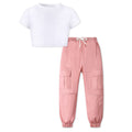 Betusline Cute Clothes for Women Short Sleeve White Crop Tops Tee Shirts + Pink Cargo Jogger Pants Outfits 2pcs Clothes Set，XL
