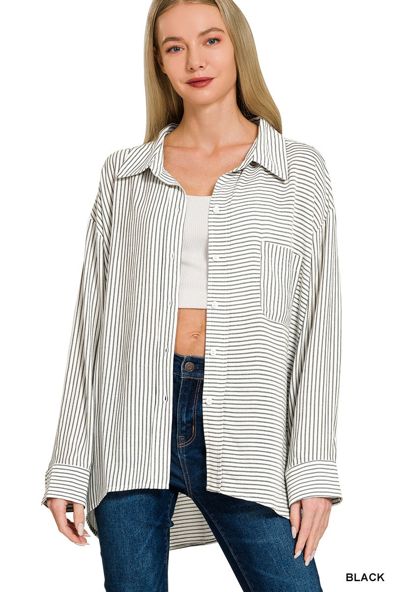 Zenana Woven Stripe Button Down Shirt