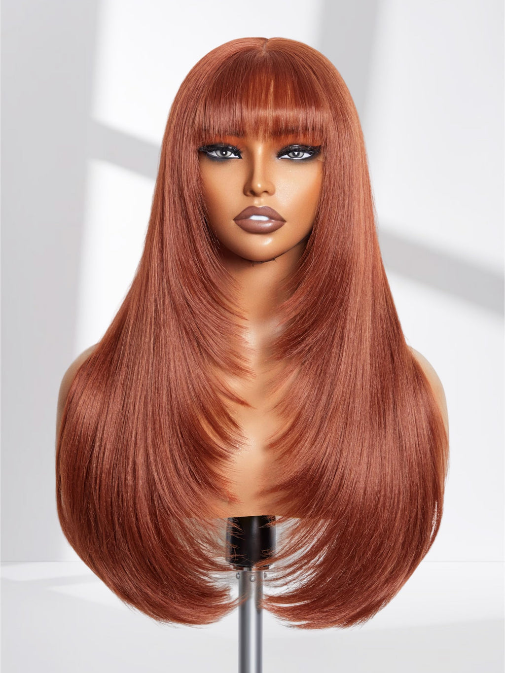 GORGIUS Copper Red Wig with Bangs 24 Inch Long Straight Layered Wig Glueless Curtain Bang Wig with Realistic Lace Scalp Put On & Go Bangs Wig For Beginner