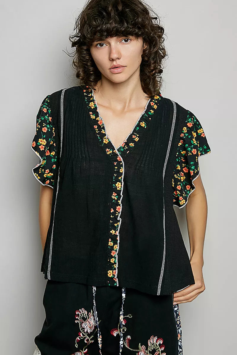 POL V-Neck Floral Ruffle Sleeve Blouse
