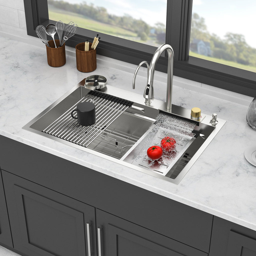 33*22 inch Brushed Nickel 33' Waterfall Kitchen Sink with Pull-Out Faucet & Cup Washer, Stainless Steel Ledge Workstation