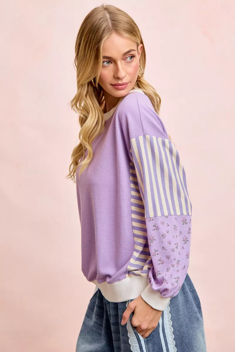 BiBi Mix and Match Sweatshirt with Floral Sleeve Striped