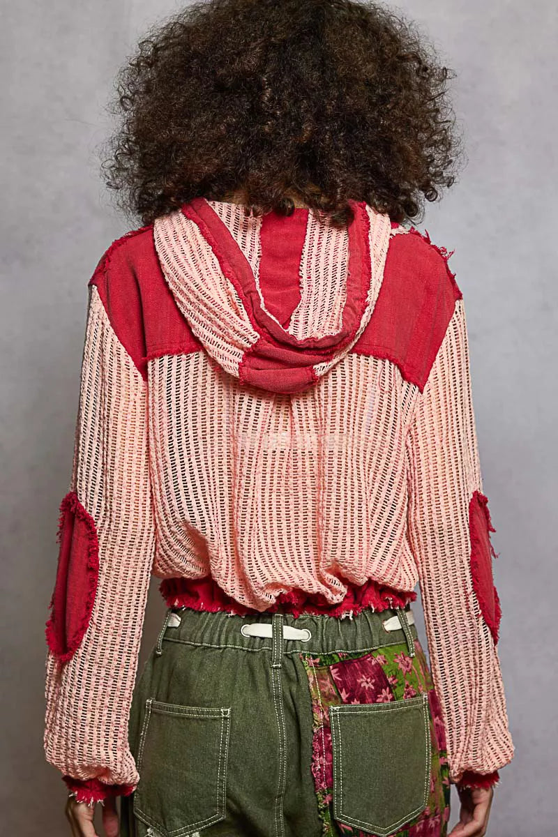 POL Texture Woven Button Down Hooded Shirt with Drawstring Hem