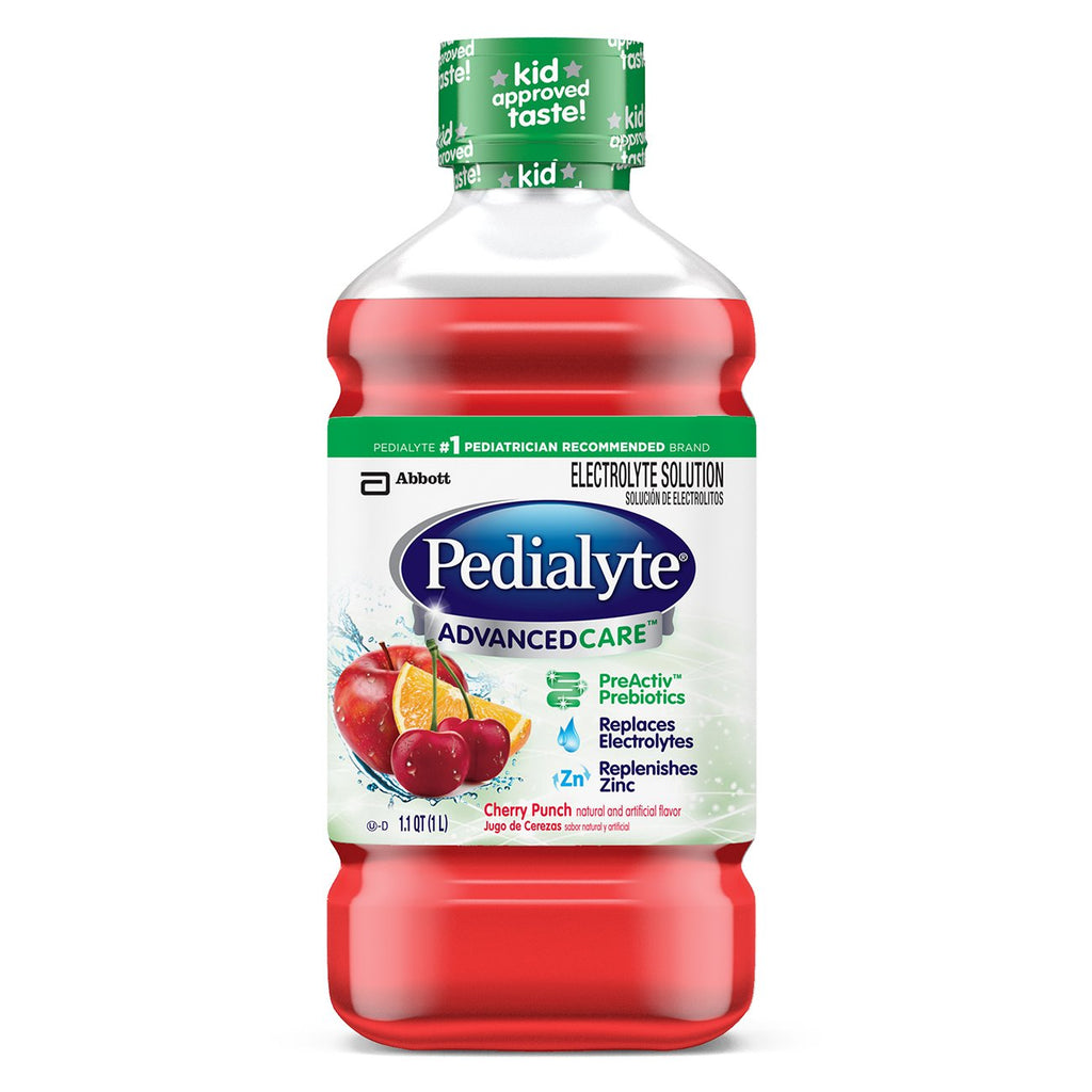 Pedialyte Advanced Care Electrolyte Solution 1 Liter 8 Count with PreActive Prebiotics Hydration Drink Cherry Punch