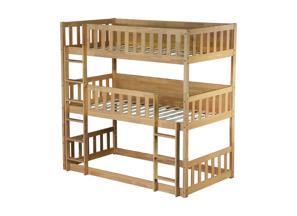 Twin Size Triple Rubber Wood Bunk Bed, with Ladders, Guardrails Detachable Bunk Bed, Twin over Twin over Twin,Natural