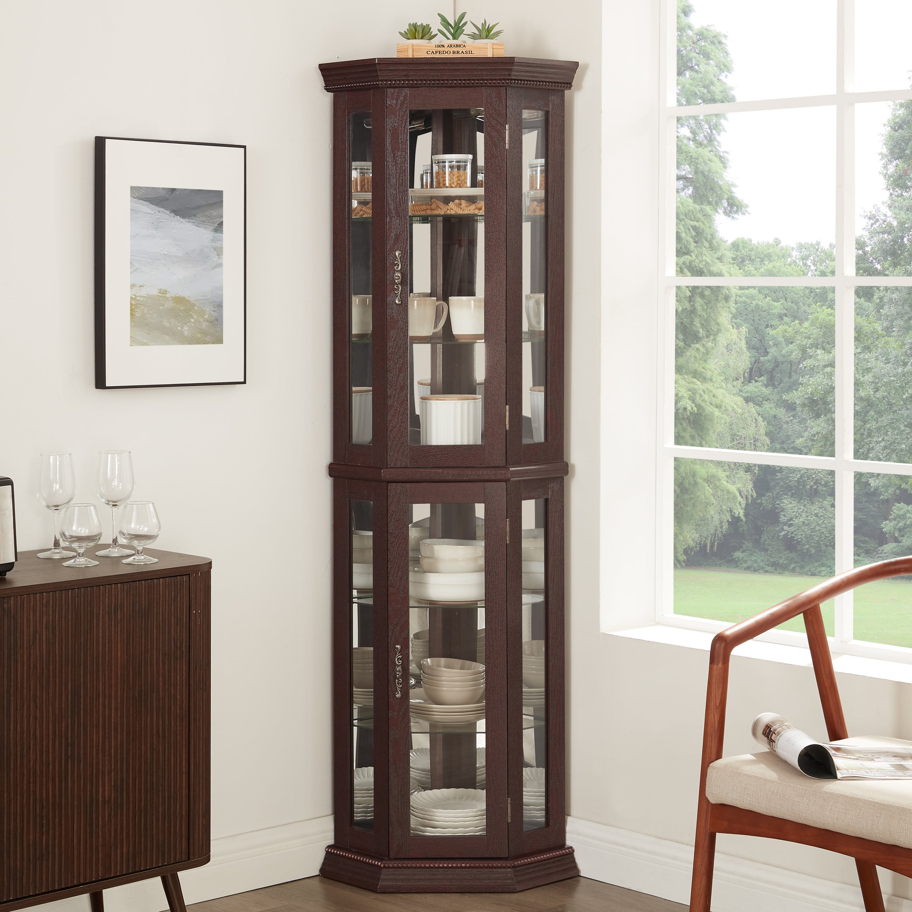Lighted Corner Curio Cabinet - Glass Display Shelf with Tempered Glass Doors, Adjustable Shelving, and Included Bead Bulb - Ideal Bar Cabinet for Home Decor- DARK CHERRY