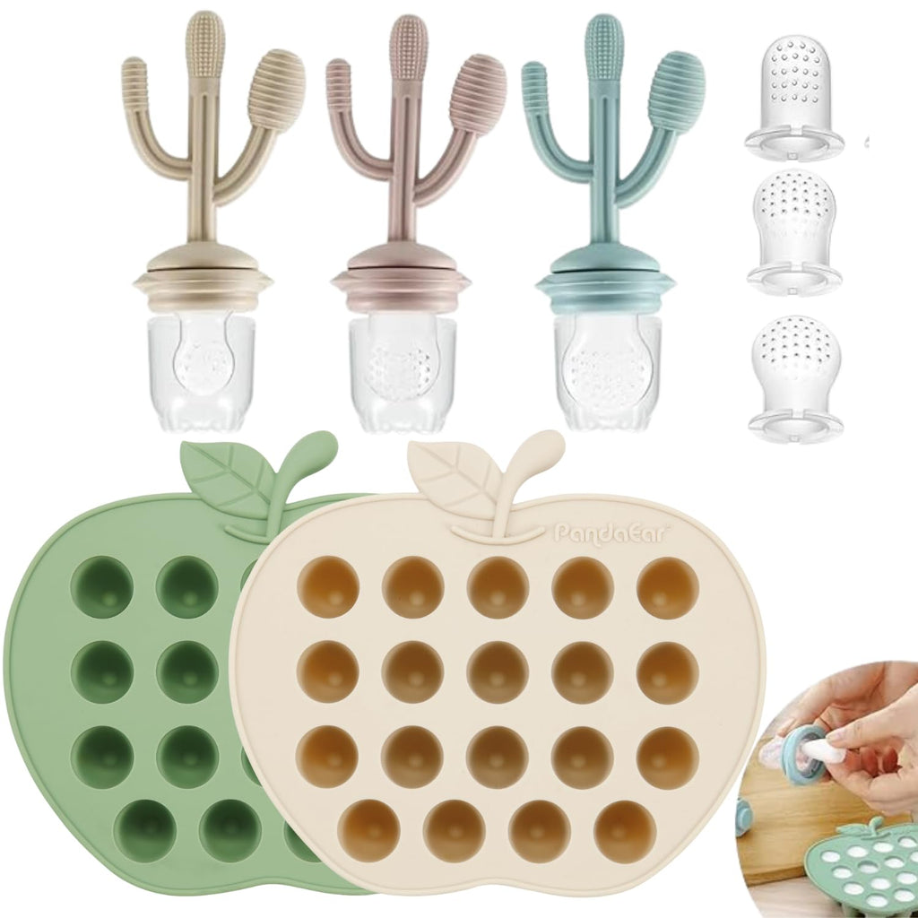 PandaEar 2 Pack Baby Food Freezer Tray & 3 Pack Baby Fruit Food Feeder Pacifier Baby Fruit Food Feeder Teether Tray Ice Cube Maker Silicone Feeder Cactus Shape Teething Toy 3 Sizes Pouches