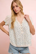BiBi Floral Crinkle Neckdrop Short Sleeve Blouse Top