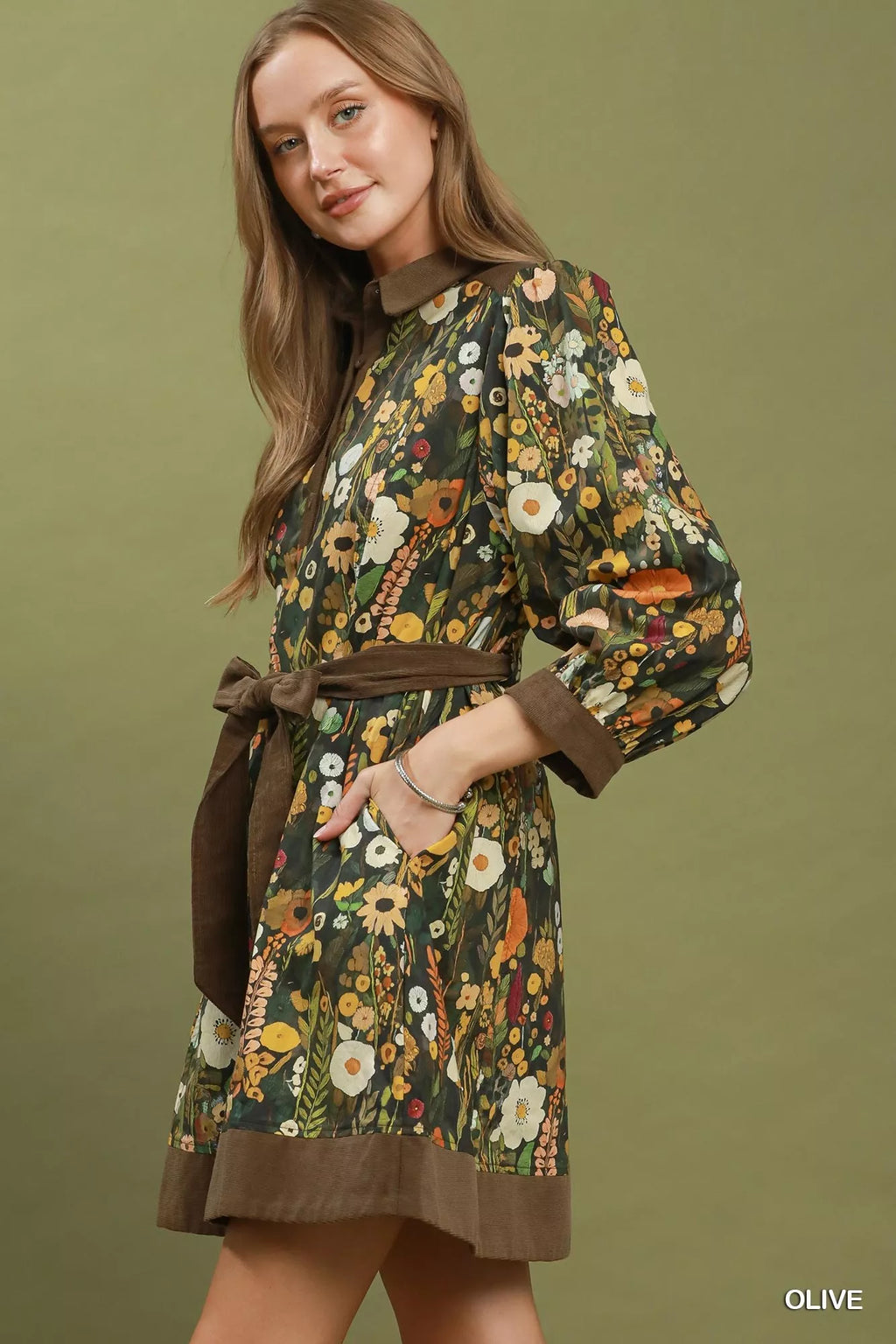 Umgee Floral Print Belted Puff Sleeve Mini Dress