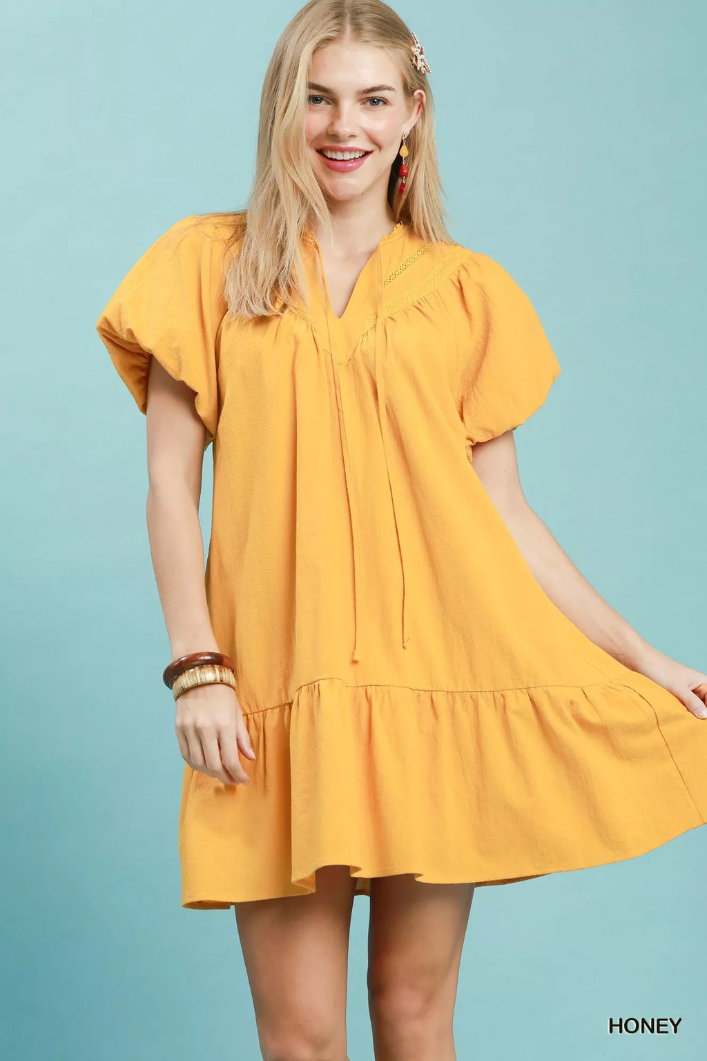 Umgee Flutter Sleeve Tassel Tie Ruffle Hem Mini Dress
