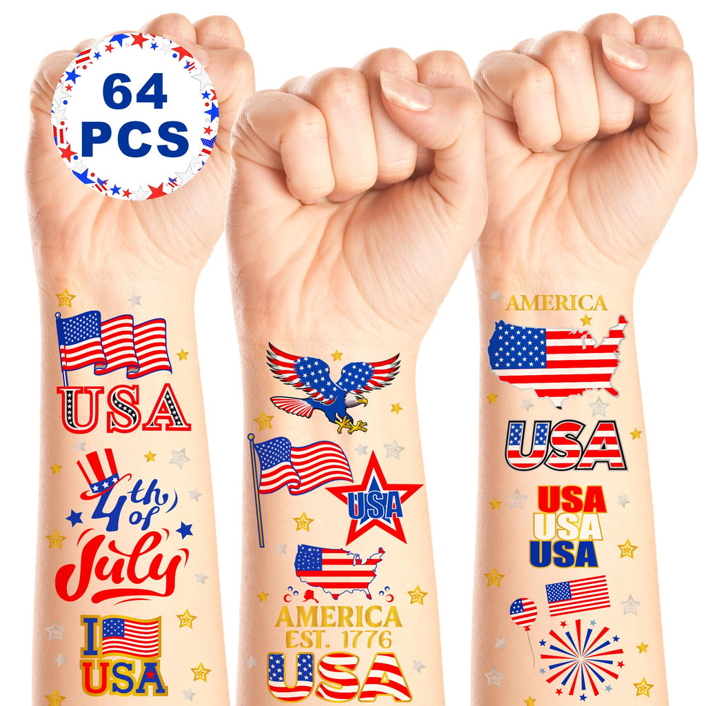 64PCS Veterans Day Temporary Tattoos Patriotic Party Face Body Decor American Flag Fourth of July Long Lasting Tattoo Stickers for 4th of July Parade and Gathering Accessories Thank You Veterans