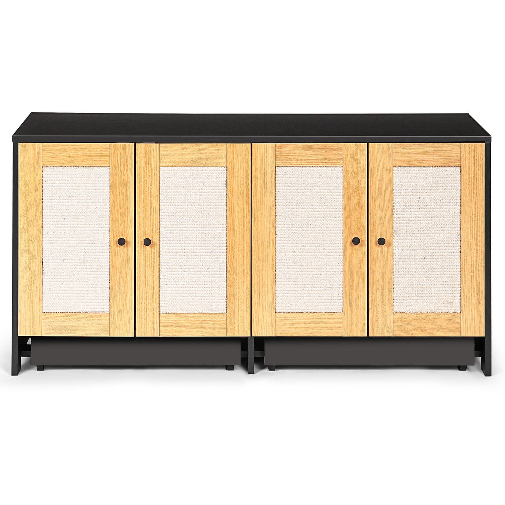 Modern Black Double Litter Box Enclosure with Rattan Doors for Two Cats, 47' L x 19.8' W x 21.8' H