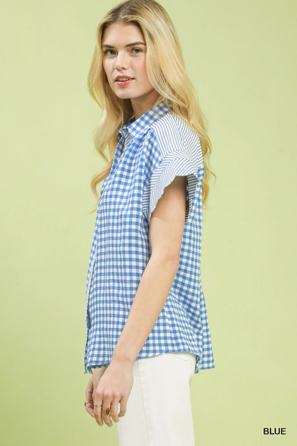 Umgee Mixed Gingham Short Sleeve Shirt