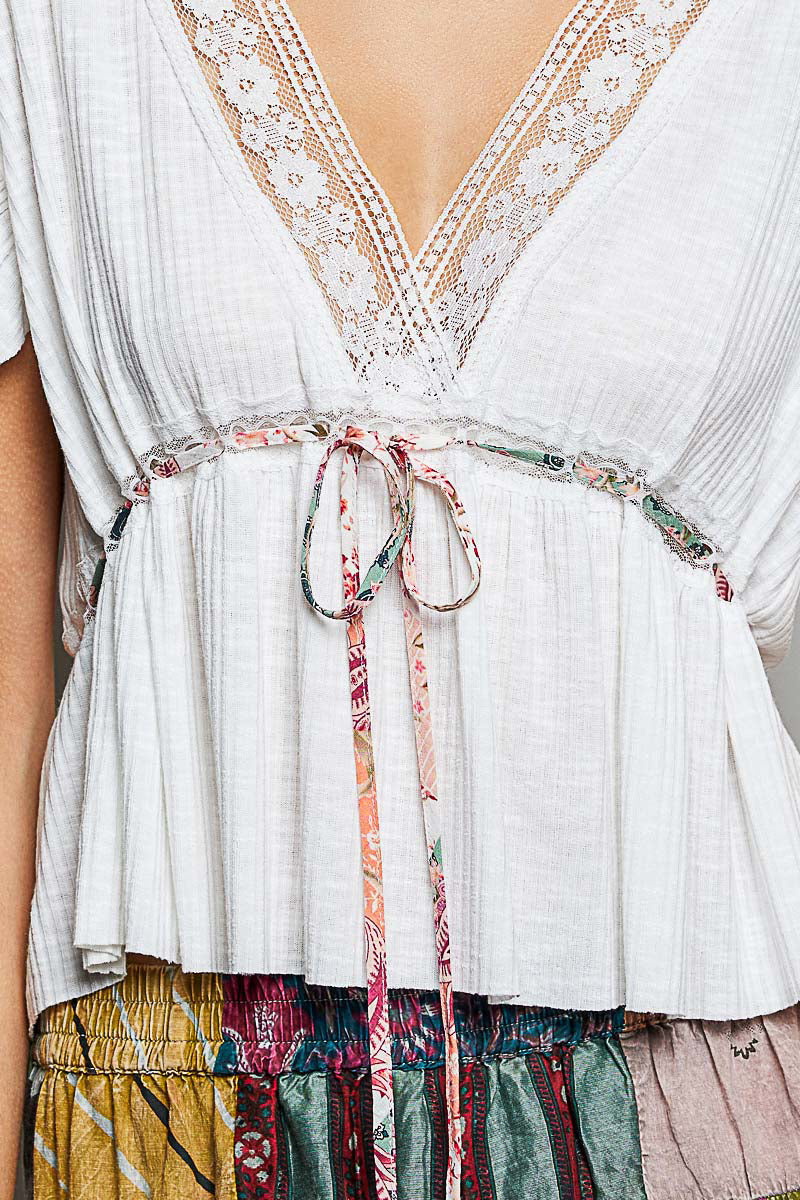 POL Tied Ruffled V-Neck Short Sleeve Blouse with Lace Detail