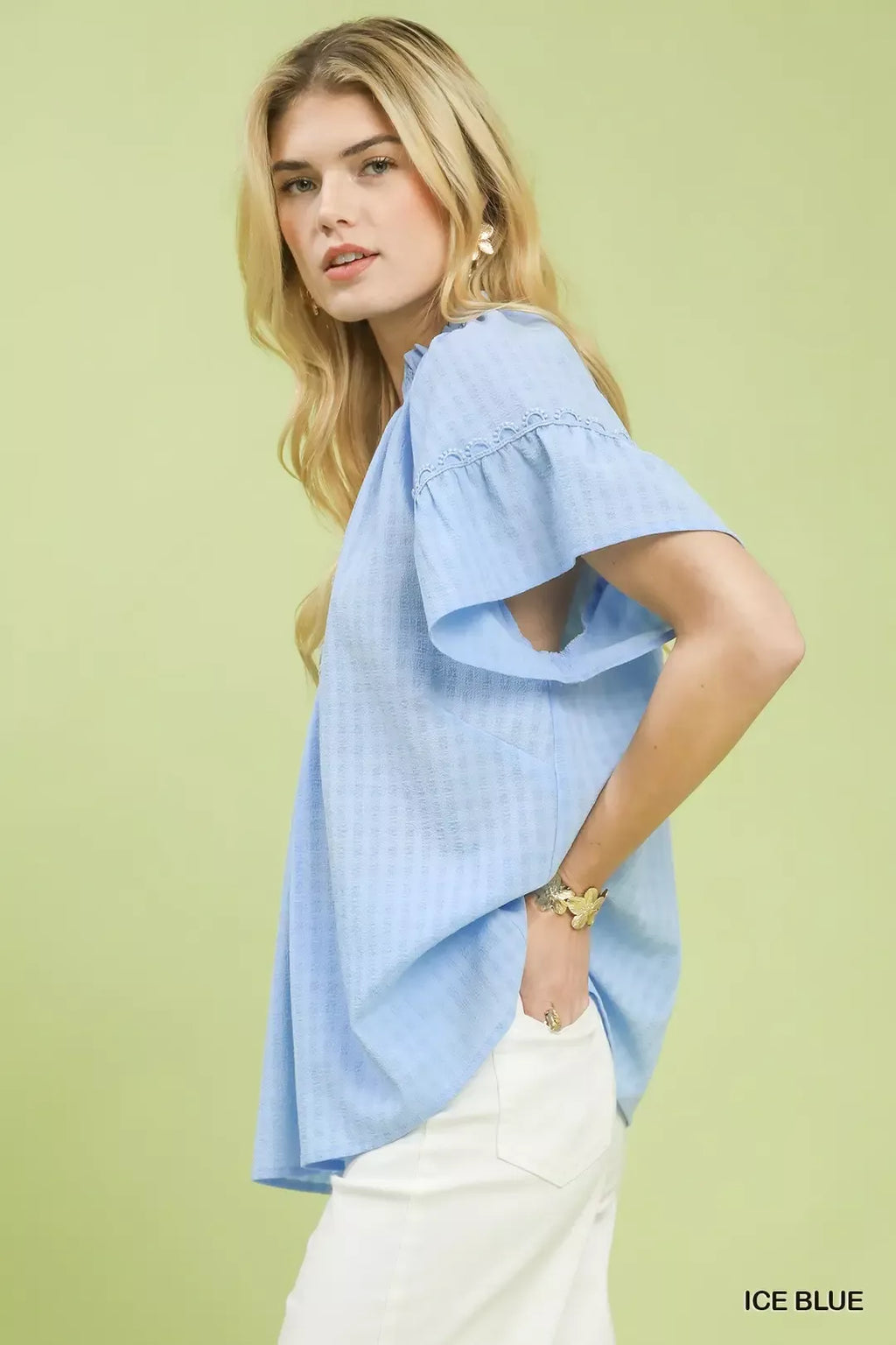 Umgee Gingham Puff Sleeve Top with Lace Trim