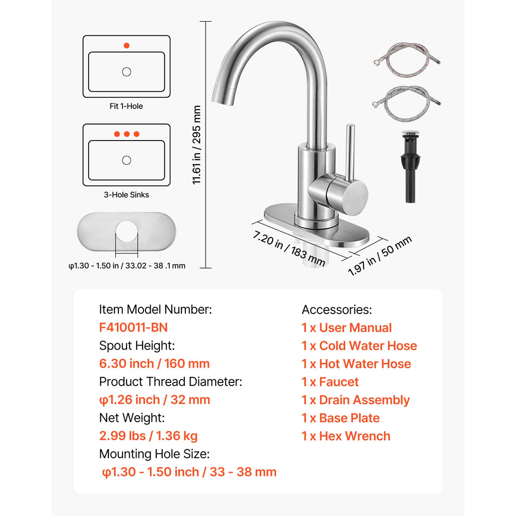 Single Handle Sink Faucet, Kitchen Faucet Brushed Nickel Single Handle, Kitchen Water Faucets with Anti-Splash Aerator, Suitable for Bathroom, RV, Bar Sink, Public Restroom, High Arc Spout