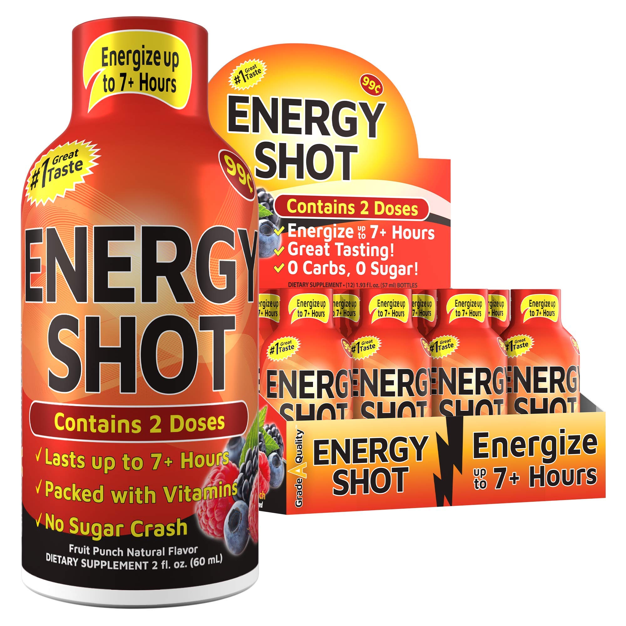 Grade A Quality Shots Fruit Punch Flavor Up to 7+ Hours of Energy 1.93 Fl Oz 12 Count