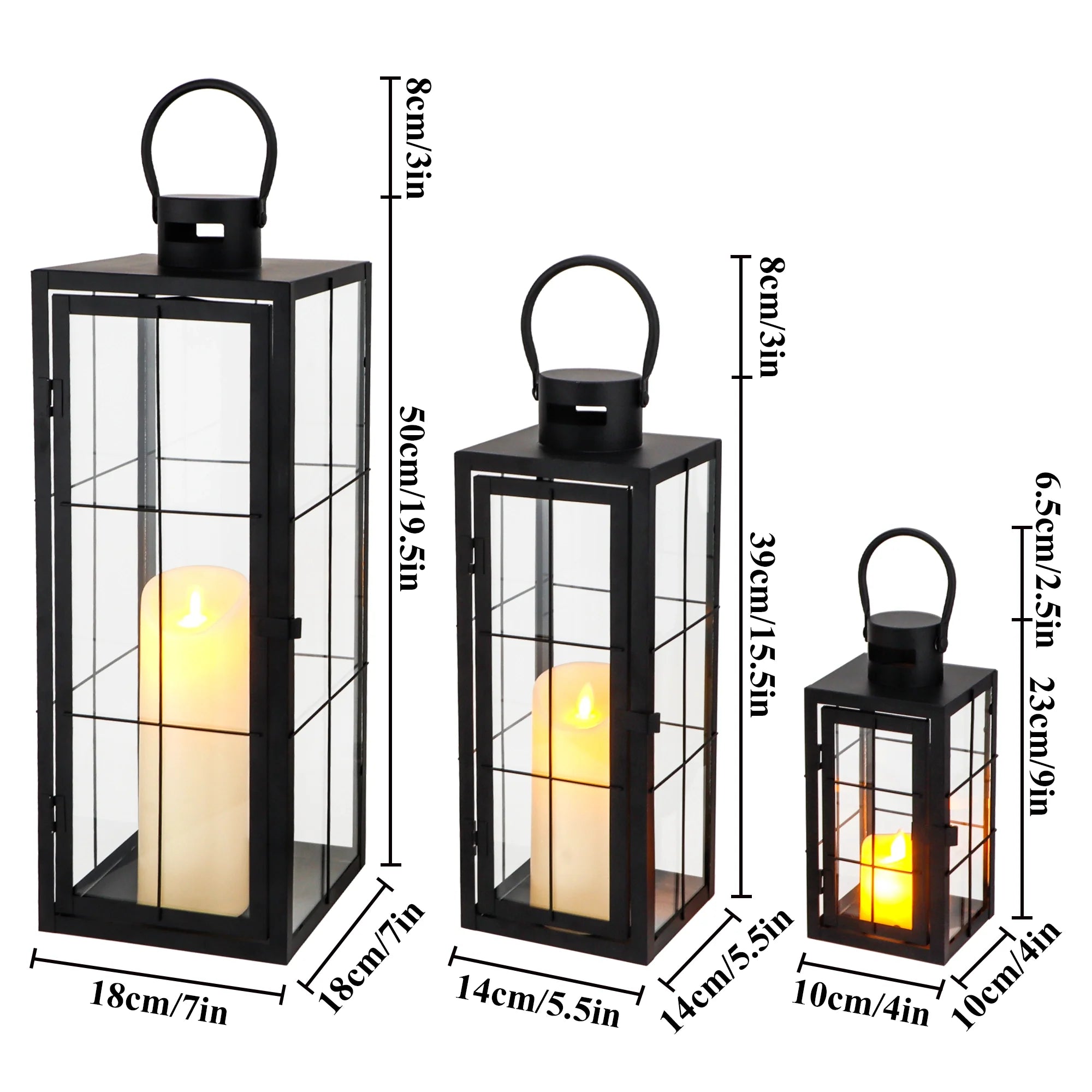 Set of 3 - Assorted Sizes (9/15.5/19.5 Inch) Tall Decorative Hanging Lanterns with Tempered Glass Panels