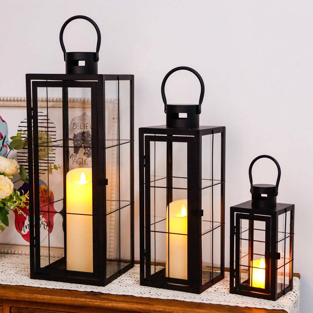 Set of 3 - Assorted Sizes (9/15.5/19.5 Inch) Tall Decorative Hanging Lanterns with Tempered Glass Panels