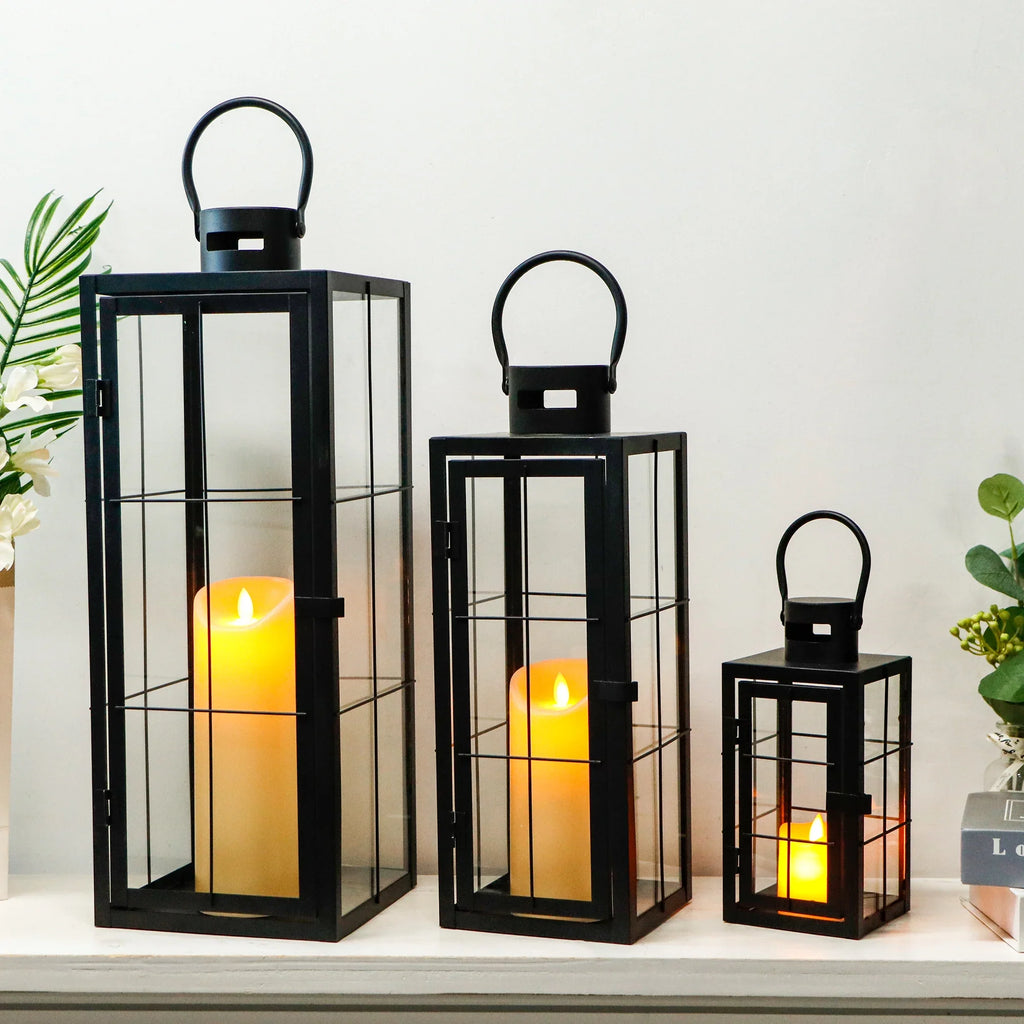Set of 3 - Assorted Sizes (9/15.5/19.5 Inch) Tall Decorative Hanging Lanterns with Tempered Glass Panels