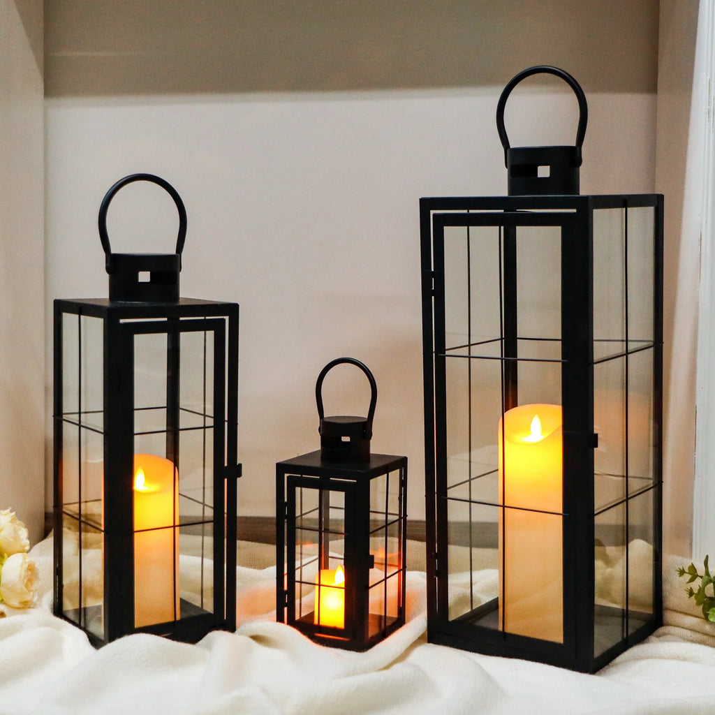 Set of 3 - Assorted Sizes (9/15.5/19.5 Inch) Tall Decorative Hanging Lanterns with Tempered Glass Panels