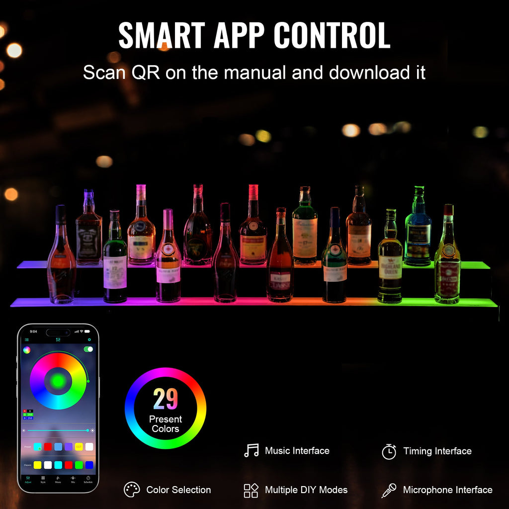 LED Lighted Liquor Bottle Display Bar Shelf RF & App Control 60' 2-Step