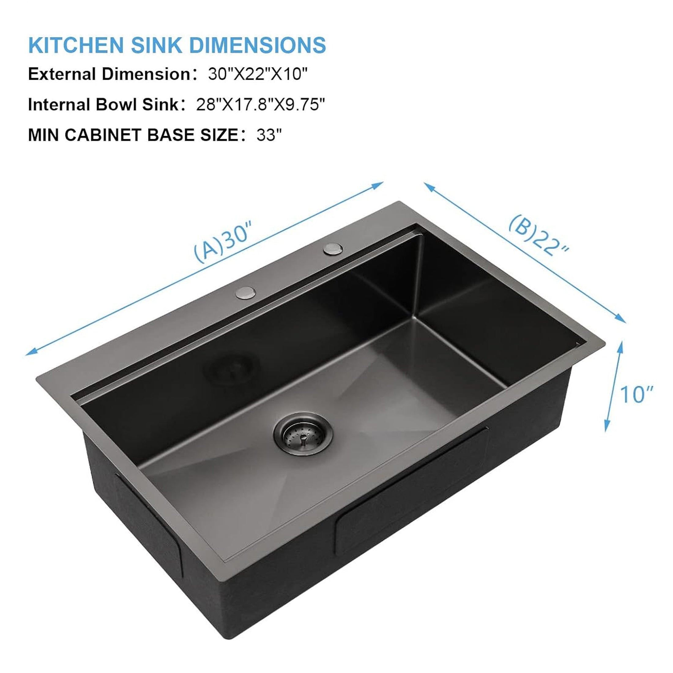 30' x 22' Black Drop In Kitchen Sink,  16 Gauge Stainless Steel Workstation Sink