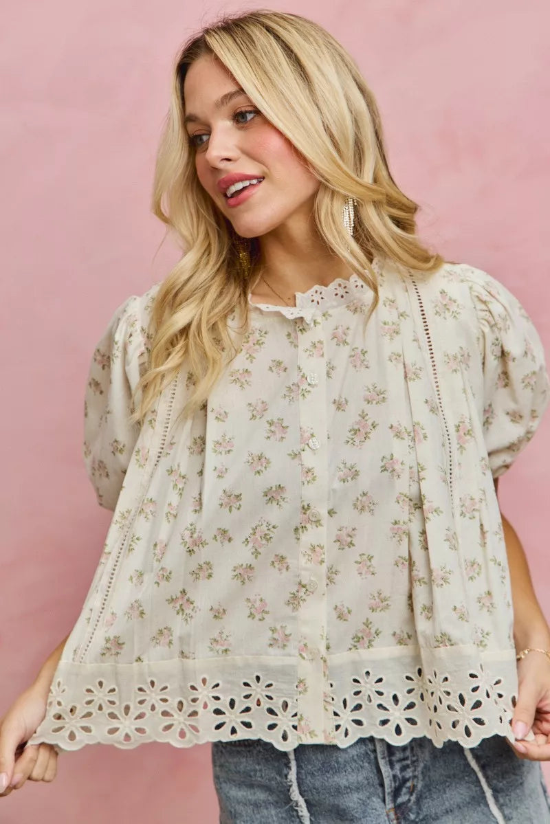 SO ME Floral Print Lace Trim Short Sleeves Blouse