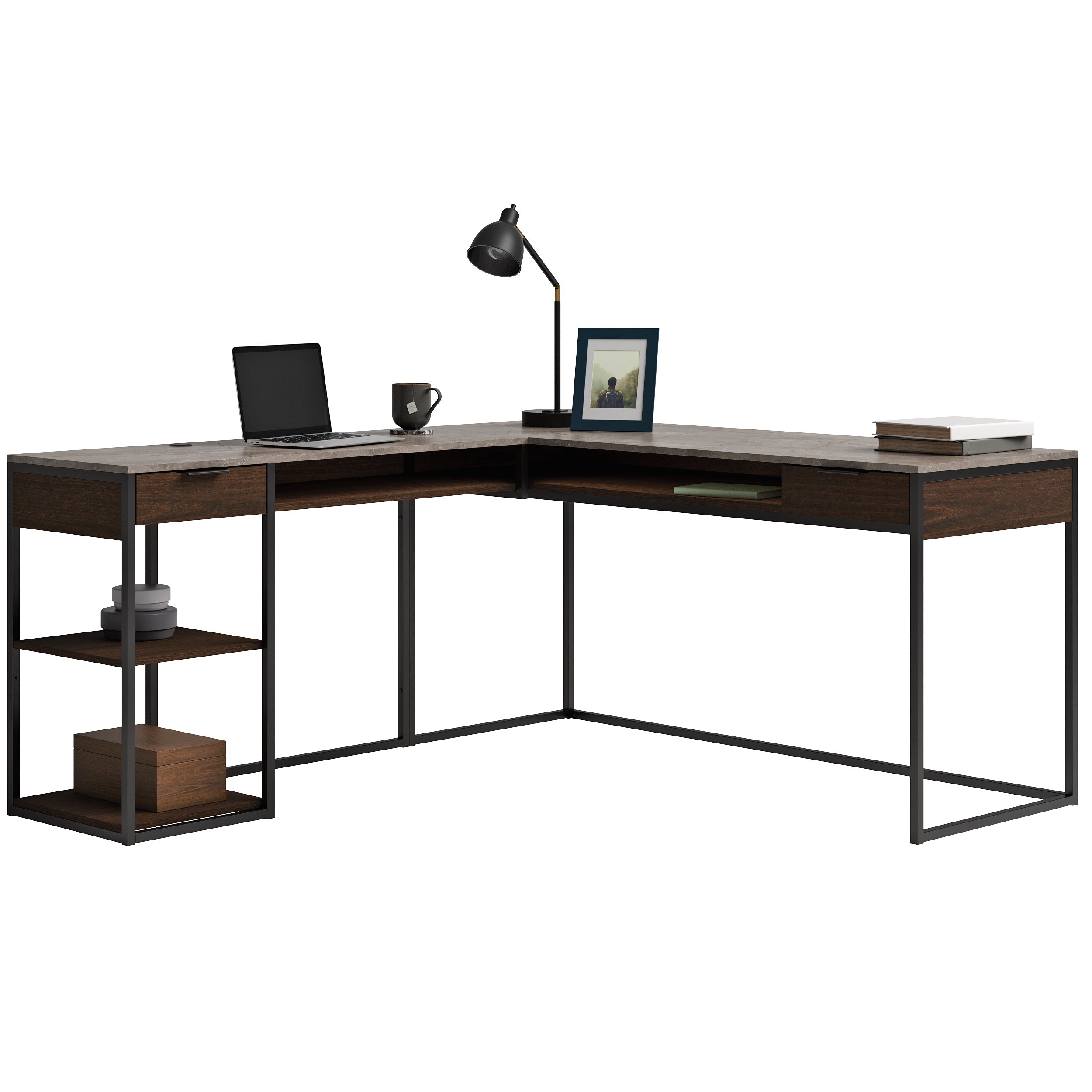 L-Shaped Desk, Brown finish