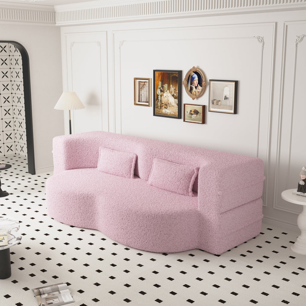 Modern Floor Sofa with 2 Pillows,Convertible Teddy Fabric Foam Filled Sleeper Sofa Bed,15 ' Full Size Folding Mattress for Living Room,Guest Bed,Playroom,No Assembly Required,Pink