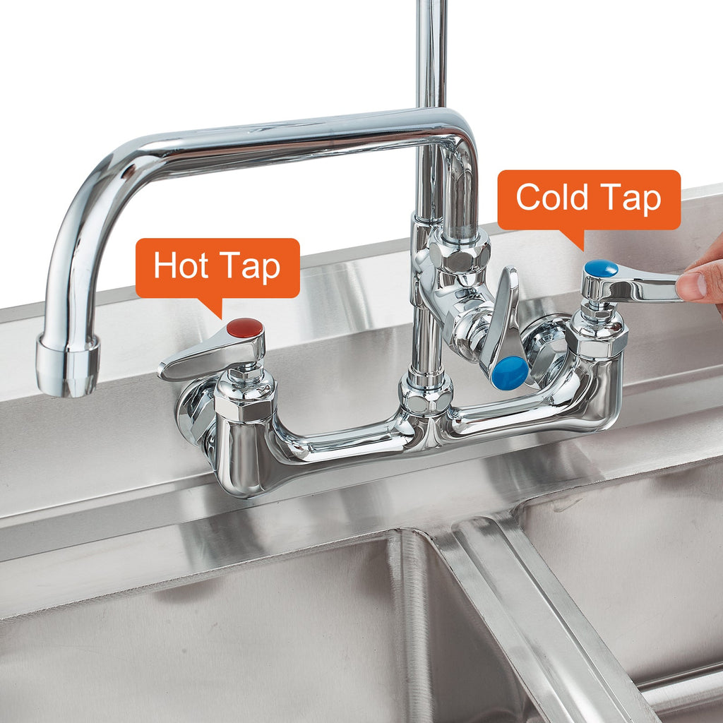 Commercial Faucet with Pre-Rinse Sprayer, 36' Height, 8' Center, 12' Swing Spout, Wall Mount Kitchen Sink Faucet, Brass Constructed Device with Pull Down Spray, for 1/2/3 Compartment Sink