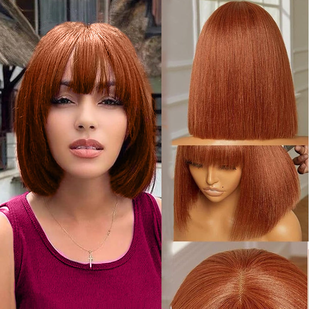 Lace Wig Straight Short Bob Wig Human Hair Short Black Bob Wig With Bangs 180% Density Middle Part 3x1 Natural Color Brazilian Human Virgin Hair Wigs (Ginger Bob Wig with Bangs Human Hair 14 inch)