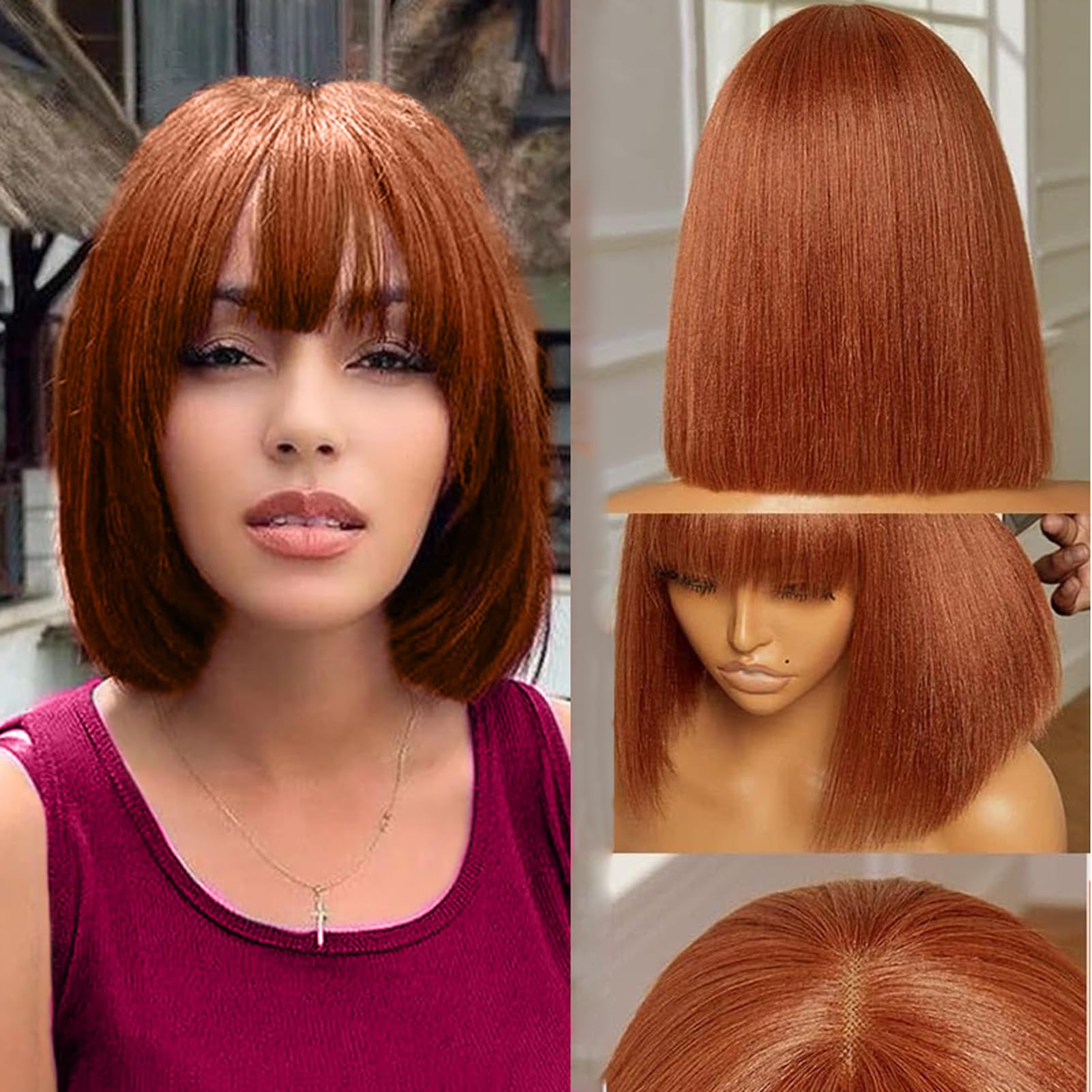 Lace Wig Straight Short Bob Wig Human Hair Short Black Bob Wig With Bangs 180% Density Middle Part 3x1 Natural Color Brazilian Human Virgin Hair Wigs (Ginger Bob Wig with Bangs Human Hair 14 inch)