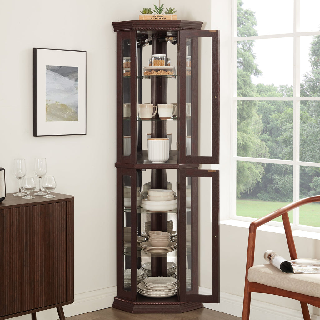 Lighted Corner Curio Cabinet - Glass Display Shelf with Tempered Glass Doors, Adjustable Shelving, and Included Bead Bulb - Ideal Bar Cabinet for Home Decor- DARK CHERRY