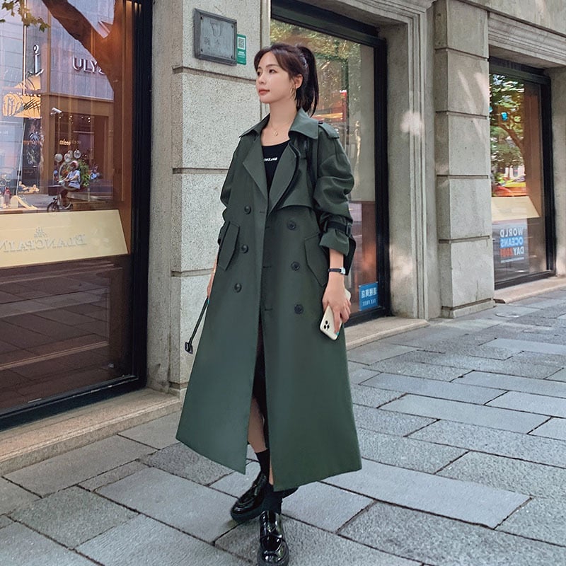 Retro Army Green Double-breasted Mid-length Coat