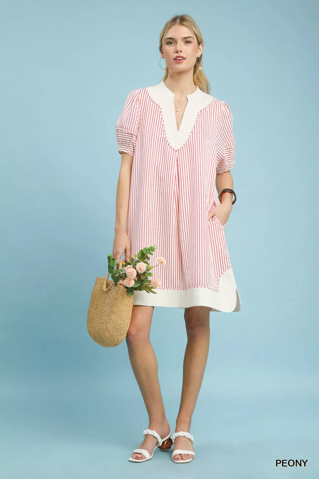 Umgee Pinstripe Shift Dress with Contrast Trim