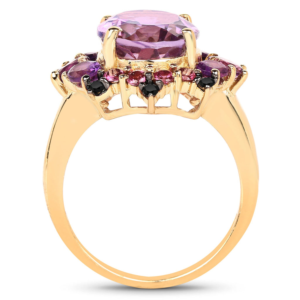 14K Yellow Gold Plated 5.25 Carat Genuine Amethyst, Rhodolite and Blue Diamond .925 Sterling Silver Ring