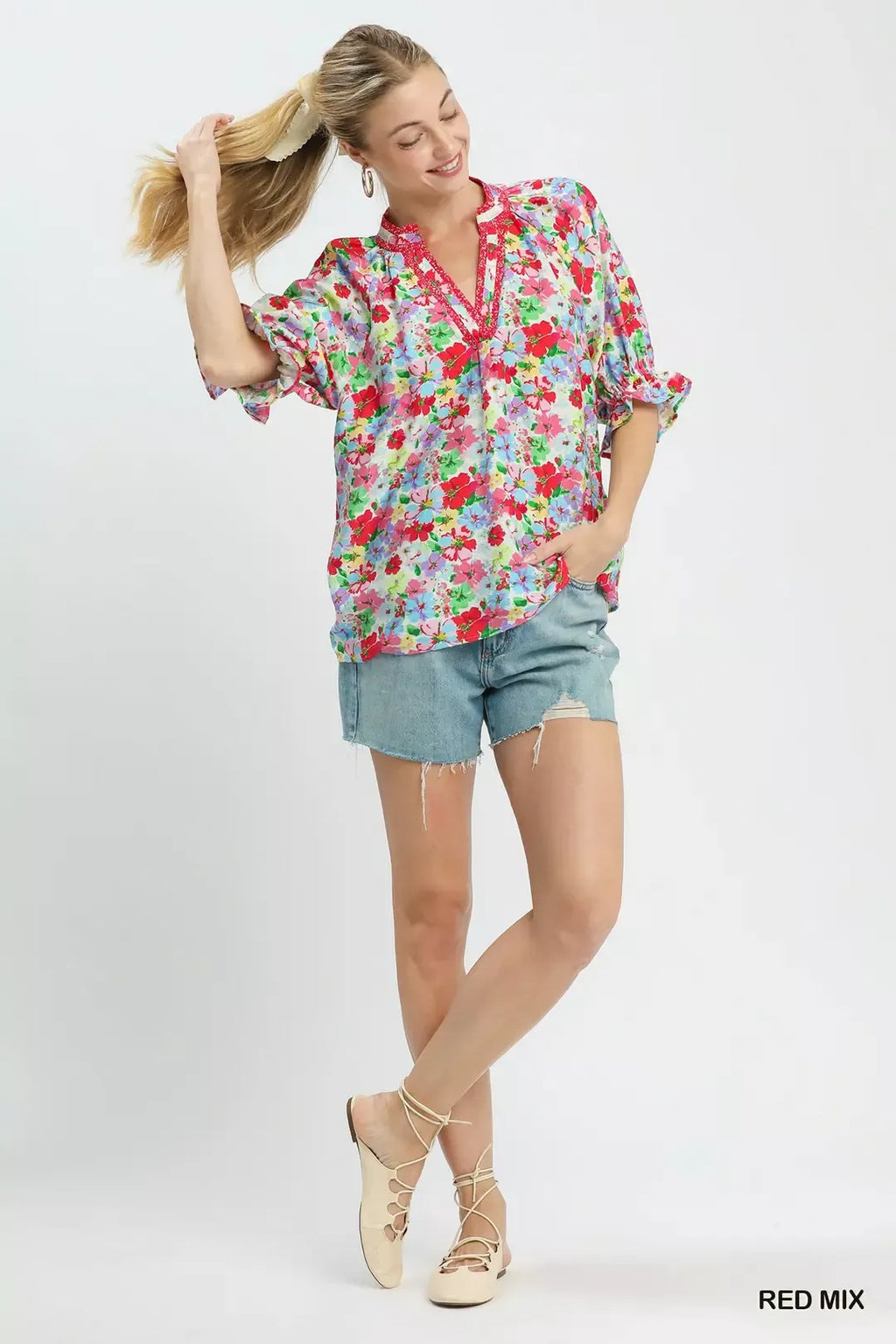 Umgee Mix Floral Print Ruffle Top