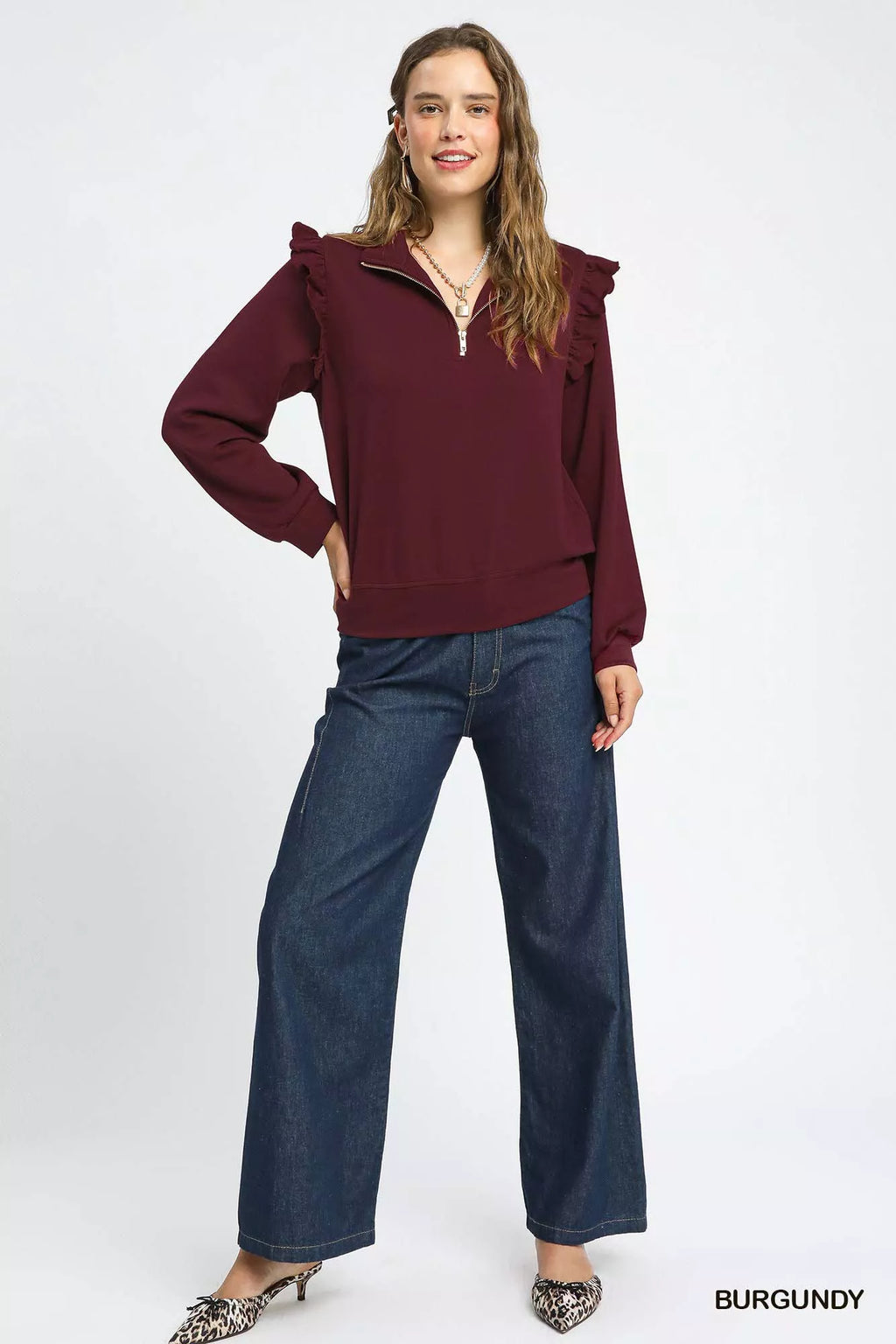Umgee Luxeknit Ruffle Shoulder Quarter-Zip Sweatshirt