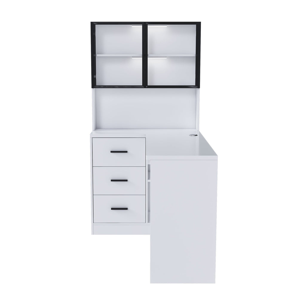 White L-Shaped Computer Desk with Glass Cabinets, Built-In LED Lights, USB Charging Ports, and Keyboard Tray - Ergonomic Office Furniture for Home and Corporate Workspaces