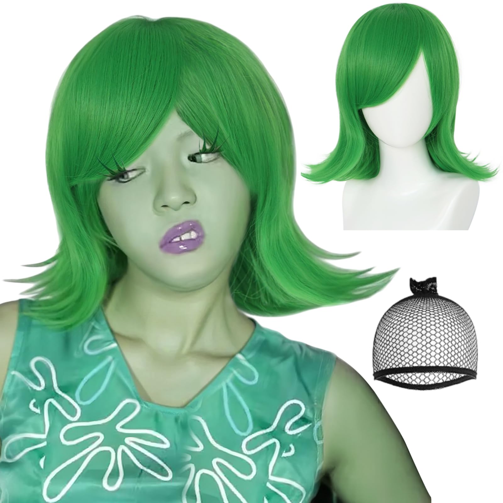 IMEYLE Green Bob Wig for Anime Cosplay Short Wavy Green Wig for Women Cosplay Wig for Party Green Synthetic Wig for Halloween Costume Green Flip Wig for Cosplay Outfit Emo Wig for Adult+Wig Cap