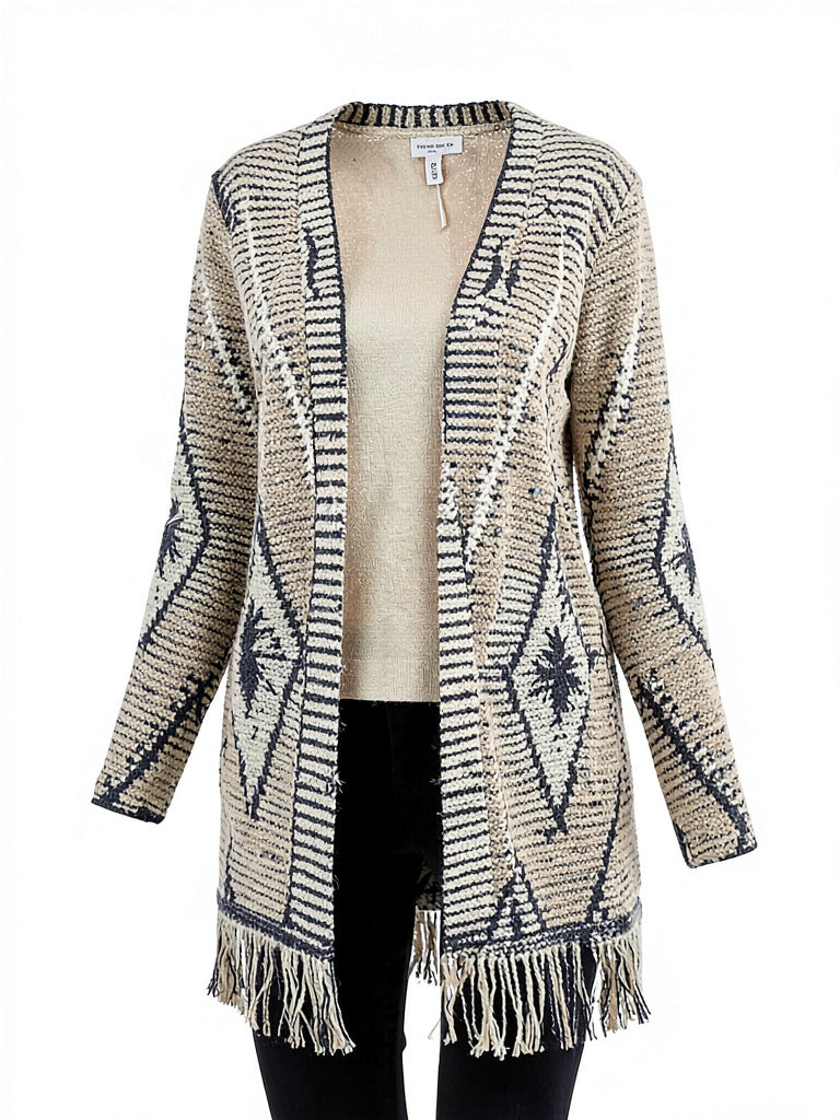 Style and Co Jacquard Knit Fringed-Hem Long Cardigan, Size Small