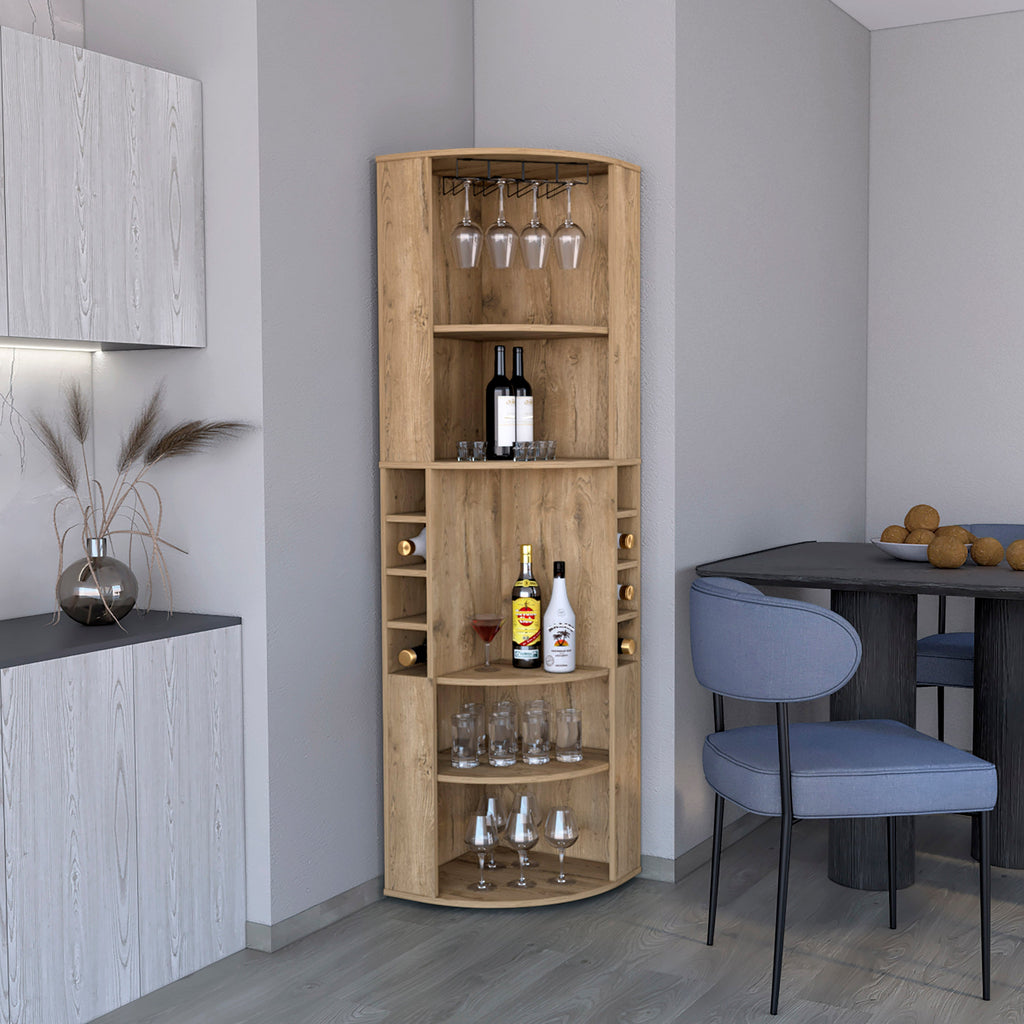 Corner Bar Cabinet 71'H with Five Shelves, Eight Bottle Cubbies and Stemware,Macadamia