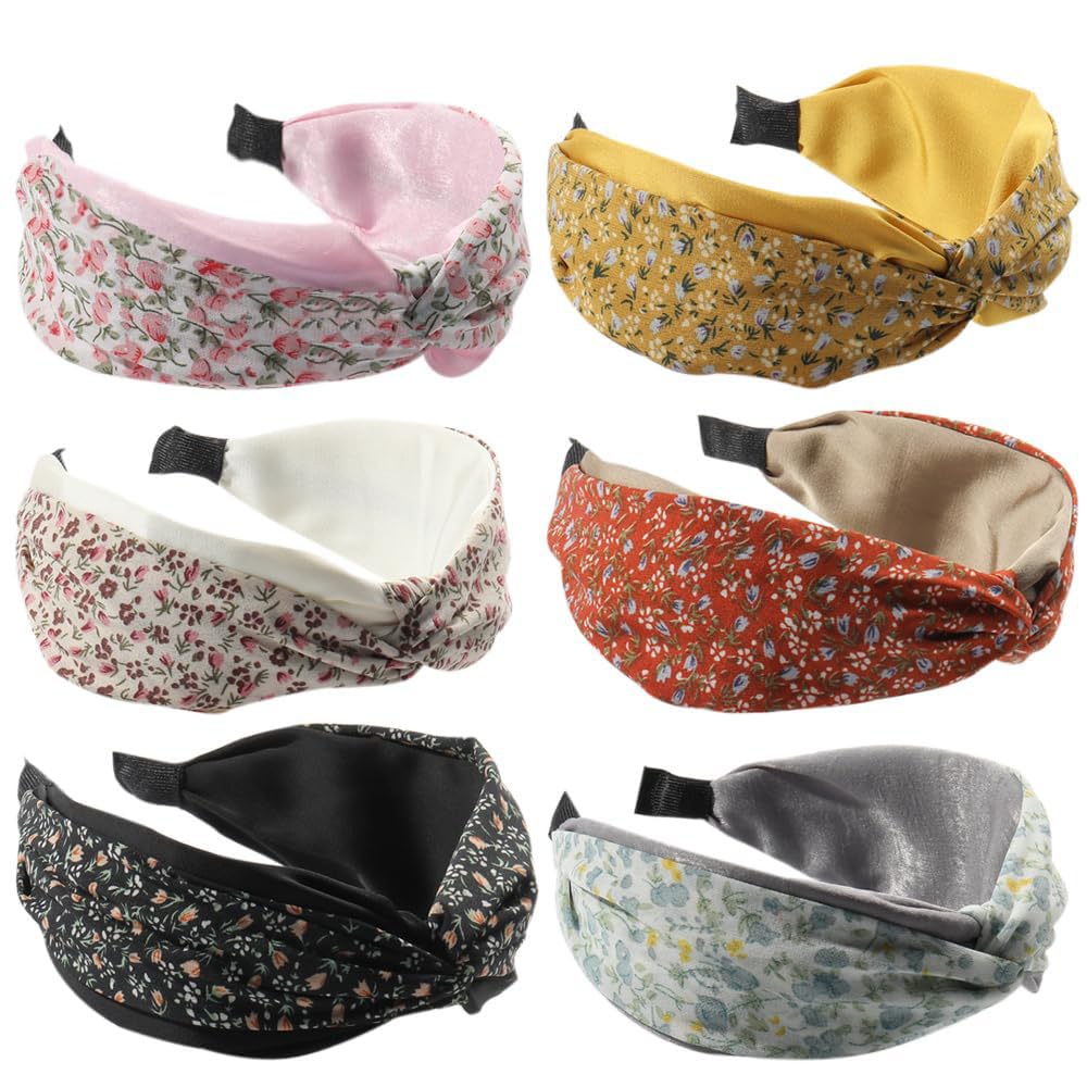 HUANMAYE Boho Fashion Knotted Headbands For Women Cross Knot Hair Accessories Wide Hairbands Fabric Elastic Hair Hoops for Yoga Outdoor Exercise 6Pcs (Floral)