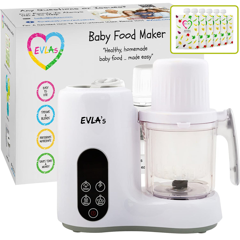 EVLAS Double Baby Food Maker Food Processor with 2 Steaming Baskets Blender Grinder Steamer Cooks & Blends Healthy Homemade Baby Food in Minutes Touch Screen 6 reusable food pouches White