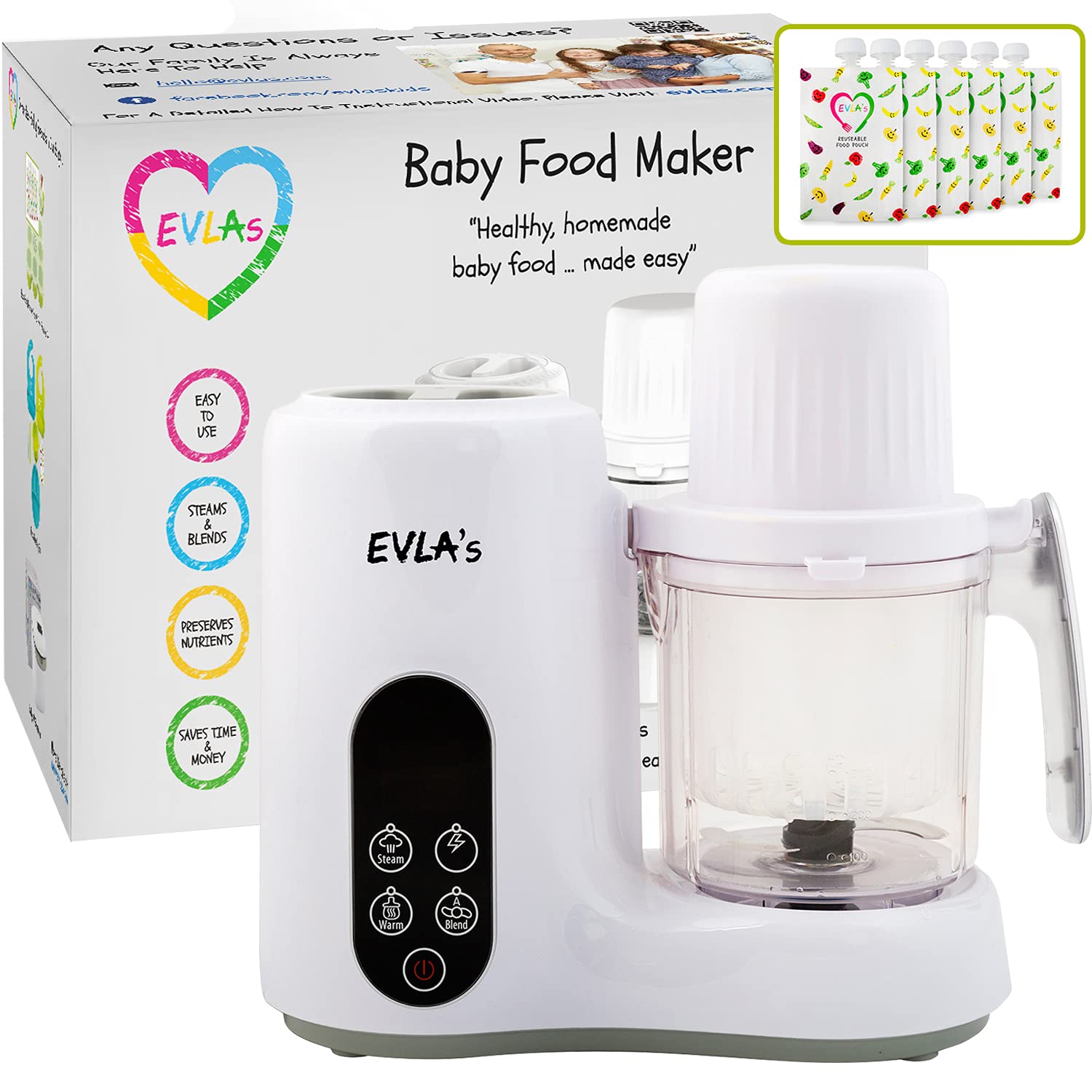 EVLAS Double Baby Food Maker Food Processor with 2 Steaming Baskets Blender Grinder Steamer Cooks & Blends Healthy Homemade Baby Food in Minutes Touch Screen 6 reusable food pouches White