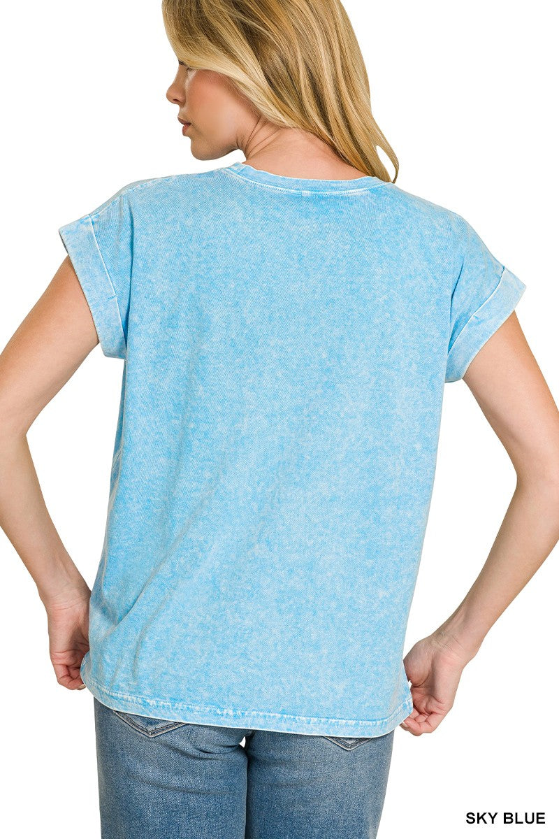 Zenana Halo Snow Washed Cuffed Short Sleeve Tee