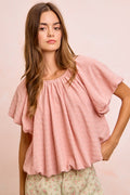 BiBi Stripes Textured Shirred Neckline Bubble Hem Top